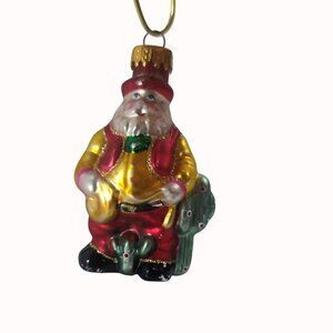Vintage Cowboy Santa Glass Blown Ornament With Cactus & Gold Details